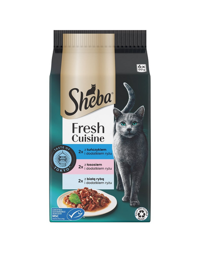 SHEBA Fresh Cuisine Taste of Tokyo 6x50g teljes értékű nedves eledel felnőtt macskáknak tonhallal, lazaccal, fehér hallal és rizs kiegészítéssel