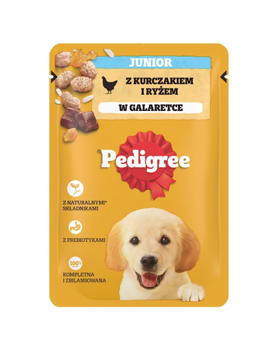 PEDIGREE Junior tasak 100g teljes értékű nedves eledel kölyökkutyáknak, csirkehúsban gazdag darabok rizzsel, zselében