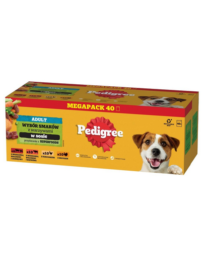PEDIGREE Adult Choice of Flavors zöldségekkel 40x100g teljes értékű nedves eledel felnőtt kutyáknak, marhahús és bárányhús keverékével, marhahús és máj keverékével, csirkével, pulykával, mártásban