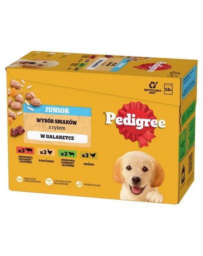 PEDIGREE Junior Choice of Flavors rizzsel tasakok 12x100g teljes értékű nedves eledel kölyökkutyáknak, darabokban, marhahús és máj keverékkel és rizzsel, csirkével és rizzsel, bárányhús és máj keverékkel és rizzsel, baromfival és rizzsel, zselében