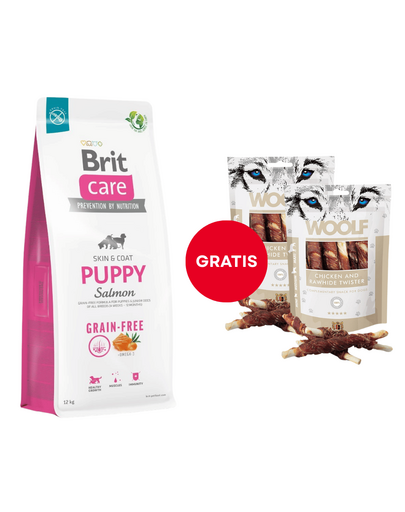 BRIT Care Grain-free Puppy száraz kölyöktáp lazaccal 12 kg + WOOLF Chicken And Rawhide Twister 2 x 100 g szárított bőr csirkehússal körbetekerve AJÁNDÉKBA