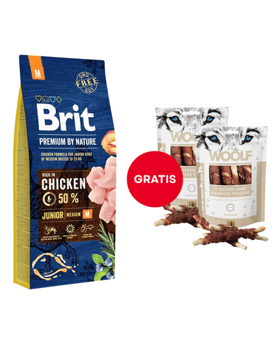 BRIT Premium By Nature Junior Medium M Chicken 15 kg + WOOLF Chicken And Rawhide Twister 2 x 100 g szárított bőr csirkehússal körbetekerve AJÁNDÉKBA