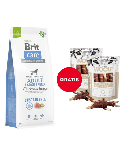 BRIT Care Dog Sustainable Adult Large Breed Chicken & Insect 12 kg + WOOLF Chicken And Rawhide Twister 2 x 100 g AJÁNDÉKBA