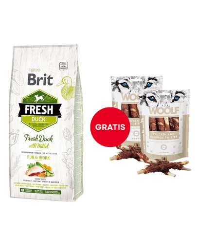 BRIT Fresh Duck with Millet Active Run & Work 12 kg + WOOLF Chicken And Rawhide Twister 2 x 100 g szárított bőr csirkehússal körbetekerve AJÁNDÉK
