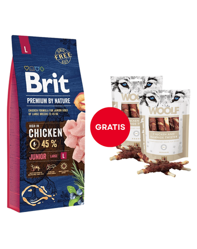 BRIT Premium By Nature Junior Large L Chicken 15 kg + WOOLF Chicken And Rawhide Twister 2 x 100g suszona skóra owinięta kurczakiem GRATIS