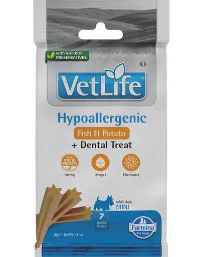 FARMINA Vet Life Dental Treat Hypoallergenic Fish Mini 60 g (7 db) dentális jutalom kutyák számára kis fajtákhoz