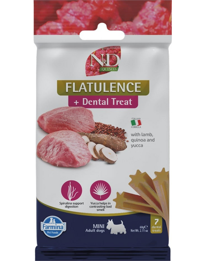 FARMINA N&D Quinoa Dental Treat Flatulence Mini 60 g (7 db) fogápoló falat kutyák számára kis fajtákhoz
