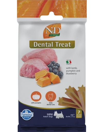 FARMINA N&D Pumpkin Dental Treat Lamb Blueberry Mini 60 g (7 szt) dentális jutalomfalat kistestű kutyáknak