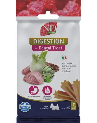 FARMINA N&D Quinoa Dental Treat Digestion Mini 60 g (7 db) fogápoló falat kutyák számára kis fajtákhoz