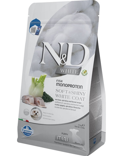 N&D White Dog Puppy Mini Sea Bass, Spirulina, Fennel 1,5 kg