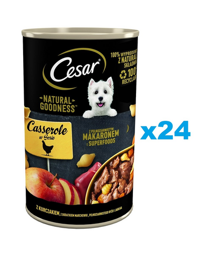 CESAR puszka 24x400 g mokra karma dla psów z kurczakiem z dodatkiem marchewki, pełnoziarnistego makaronu i jabłka w sosie