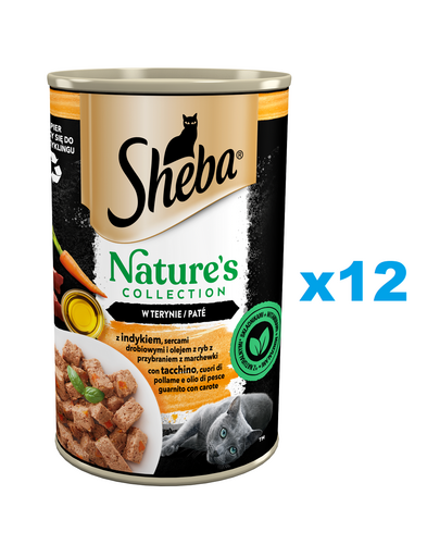 SHEBA puszka 12x400 g Nature's Collection mokra pełnoporcjowa karma dla dorosłych kotów z indykiem, sercami drobiowymi i olejem z ryb z przybraniem z marchewki w terynie