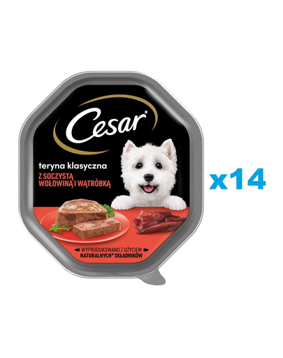 CESAR tacka 14x150 g mokra karma pełnoporcjowa dla dorosłych psów teryna z soczystą wołowiną i wątróbką