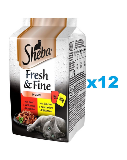 SHEBA saszetka 72x50g Fresh & Fine mokra karma pełnoporcjowa dla dorosłych kotów w sosie z wołowiną, z kurczakiem