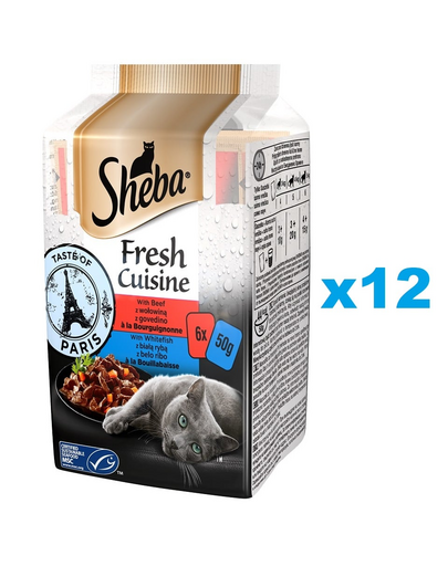 SHEBA Fresh Cuisine Taste of Paris mokra karma pełnoporcjowa dla dorosłych kotów z wołowiną, z białą rybą saszetka 72x50g