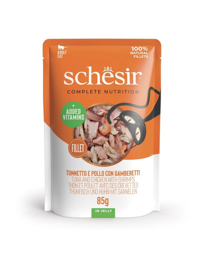 SCHESIR Tonhal és csirke garnélarákkal zselében macskáknak 85 g