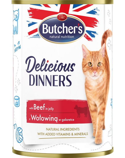 Delicious Dinners, karma dla kota, kawałki z wołowiną w galaretce, 400g
