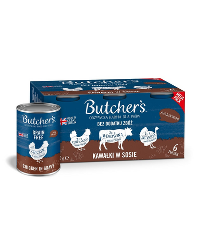 BUTCHER'S Original Recipe in gravy Ízek keveréke zöldségekkel 6x400 g mártásban főtt marhahús, pulyka és csirke darabkák kutyáknak