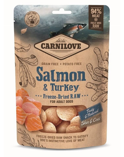 CARNILOVE Raw Freeze-dried Snack Salmon and Turkey 60g fagyasztva szárított lazac- és pulykadarabok felnőtt kutyáknak