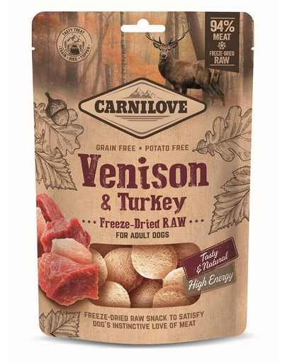 CARNILOVE Raw Freeze-dried Snack Venison and Turkey 60g liofilizált szarvas- és pulykahús darabok felnőtt kutyák számára