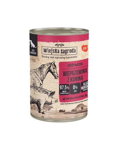 WIEJSKA ZAGRODA Sertéshús lóhússal nedves táplálék kutyák számára 400 g