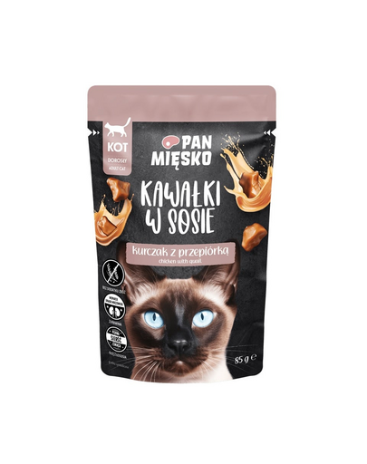 PAN MIĘSKO Kockák szószban Csirke fürjjel nedves macskaeledel 85 g