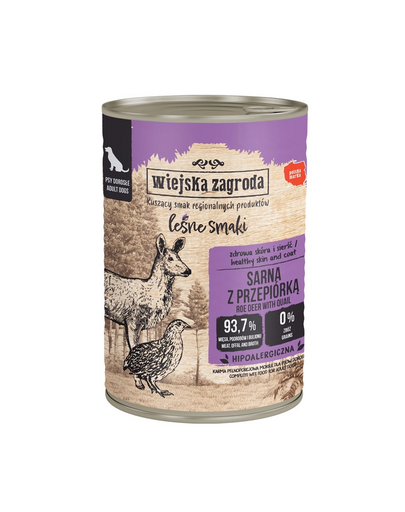 WIEJSKA ZAGRODA Erdő ízei Szarvas fürjtojással nedves kutyatáp 400 g