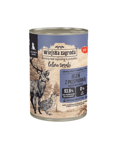 WIEJSKA ZAGRODA Erdő ízei Szarvas fürjtojással nedves táplálék kölyökkutyák számára 400 g