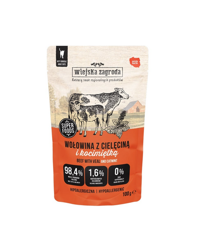 WIEJSKA ZAGRODA Superfoods Marhahús borjúhússal és macskamentával nedves macskaeledel 100 g
