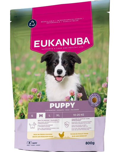 EUKANUBA Puppy Medium Breeds Chicken 800 g száraz táp közepes fajtájú kölyökkutyák számára friss csirkével