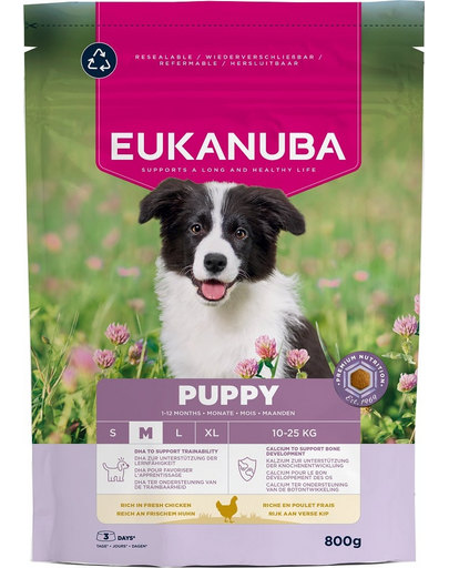 EUKANUBA Puppy Medium Breeds Chicken 800 g száraz táp közepes fajtájú kölyökkutyák számára friss csirkével
