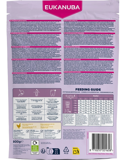 EUKANUBA Puppy Medium Breeds Chicken 800 g száraz táp közepes fajtájú kölyökkutyák számára friss csirkével