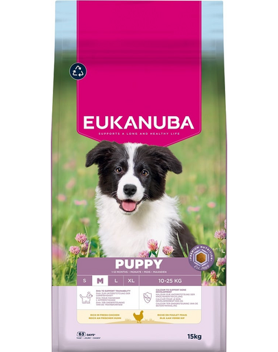EUKANUBA Puppy Medium Breeds Chicken 15 kg száraz táp közepes fajtájú kölyökkutyák számára friss csirkehússal