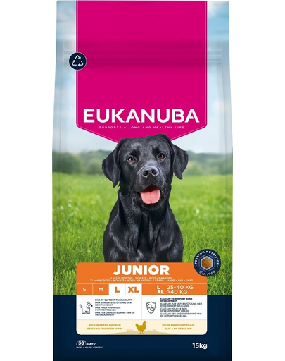 EUKANUBA Junior Large Breeds Chicken 15 kg száraz táp fiatal nagytestű kutyáknak friss csirkével