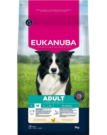 EUKANUBA Adult Medium Breeds Chicken 3 kg száraz kutyatáp közepes fajtájú kutyáknak friss csirkével