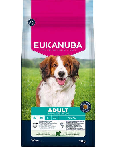 EUKANUBA Adult Small Medium Breeds Lamb Rice 12 kg száraz kutyatáp kis- és közepes testű kutyáknak, gazdag bárányhúsban és rizsben