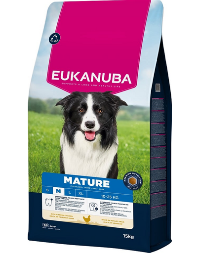 EUKANUBA Mature Medium Breeds Chicken 15 kg száraz táp érett közepes méretű kutyák számára, friss csirkével gazdagítva
