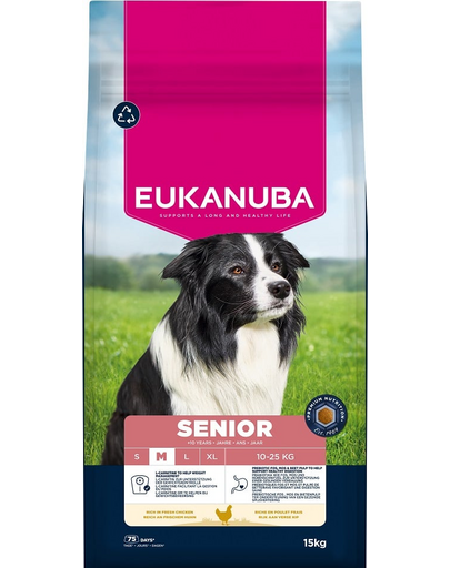 EUKANUBA Senior Medium Breeds Chicken 15 kg száraz táp idősebb közepes testű kutyáknak friss csirkével