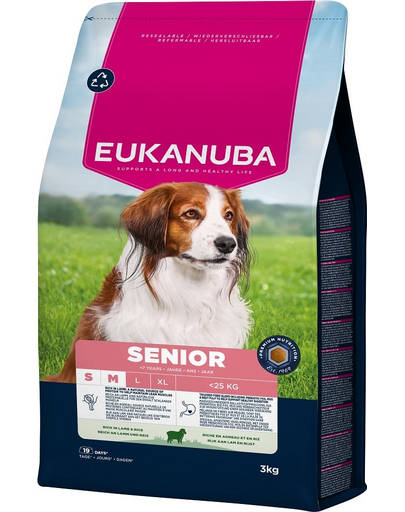 EUKANUBA Senior Small Medium Breeds Lamb Rice 3 kg száraz eledel idősebb kis- és közepes testű kutyák számára, gazdag bárányhússal és rizzsel