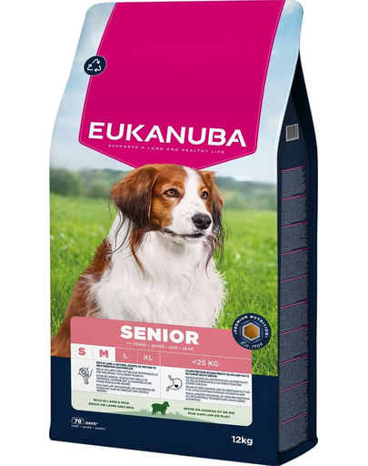 EUKANUBA Senior Small Medium Breeds Lamb Rice 12 kg száraz táp idős kutyák számára kis és közepes fajtákban, gazdag bárányhúsban és rizsben