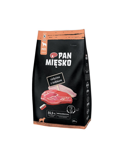 PAN MIĘSKO Borjúhús pulykával kutyák számára, száraz táp (XL) 20 kg