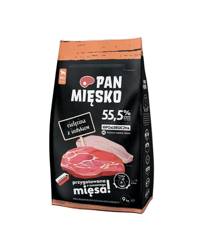 PAN MIĘSKO Borjúhús pulykával kutyák számára, száraz táp (M) 9 kg