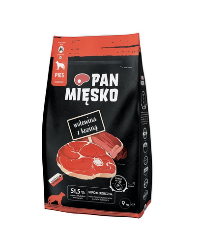 PAN MIĘSKO Marhahús kecskehússal kutyák számára, száraz táp (M) 9 kg