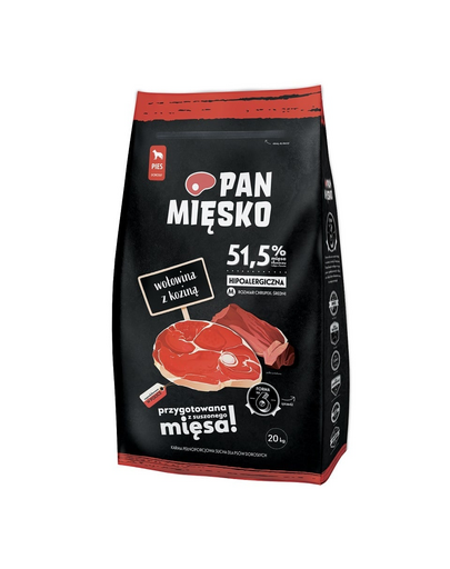 PAN MIĘSKO Marhahús kecskehússal kutyák számára, száraz táp (M) 20 kg