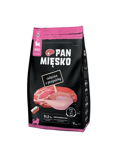 PAN MIĘSKO Borjúhús fürjjel kölyökkutyáknak, száraz táp (XS) 9 kg