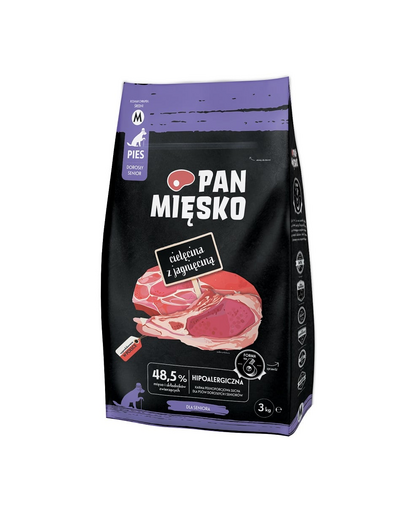 PAN MIĘSKO Borjúhús báránnyal idősebb kutyák számára, száraz táp (M) 3 kg