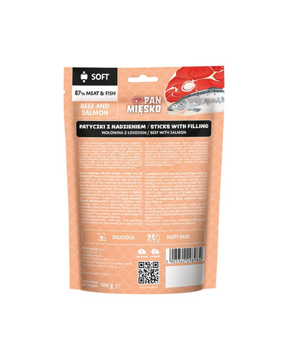 PAN MIĘSKO Marhahús és lazac töltött rúd kutyakeksz 100 g