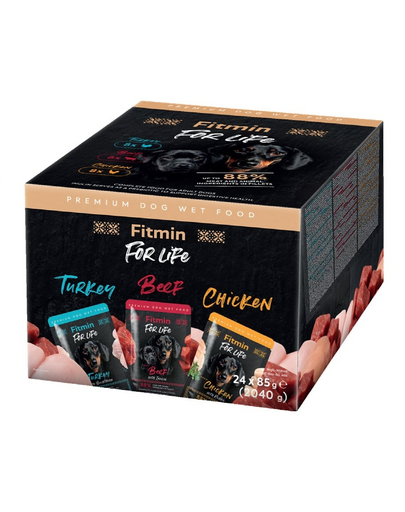FITMIN For Life Dog Multipack 24x85 g kutyak számára készült csomag, csirkével, marhahússal és pulykával
