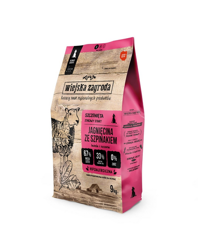 WIEJSKA ZAGRODA Bárányhús spenóttal kutyáknak S 9 kgze szpinakiem karma dla szczeniąt chrupki S 9 kg
