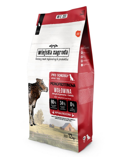 WIEJSKA ZAGRODA Monoprotein Marhahúsos száraztáp kutyáknak M/L szemcseméret, 12 kg